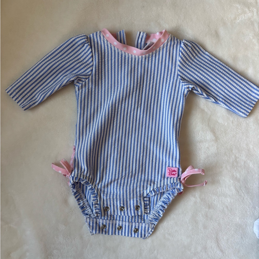 Ruffle Buts 0-3M  Blue and Pink Striped Baby Romper